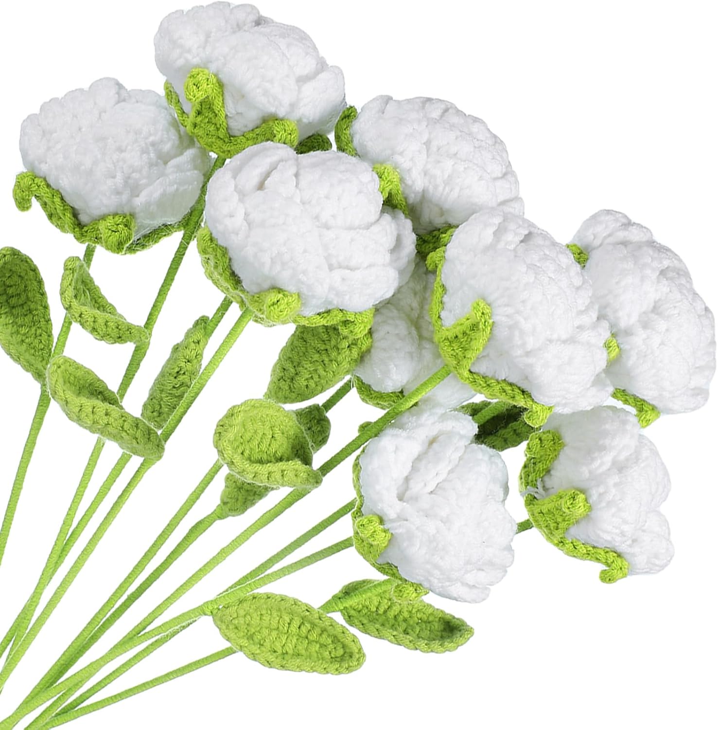 MECCANIXITY Crochet Flowers Handmade Knitting Rose Artificial Woven Small Potted with Stems for Valentine's Gifts Home Wedding Party Office Table Decor, White Count 10