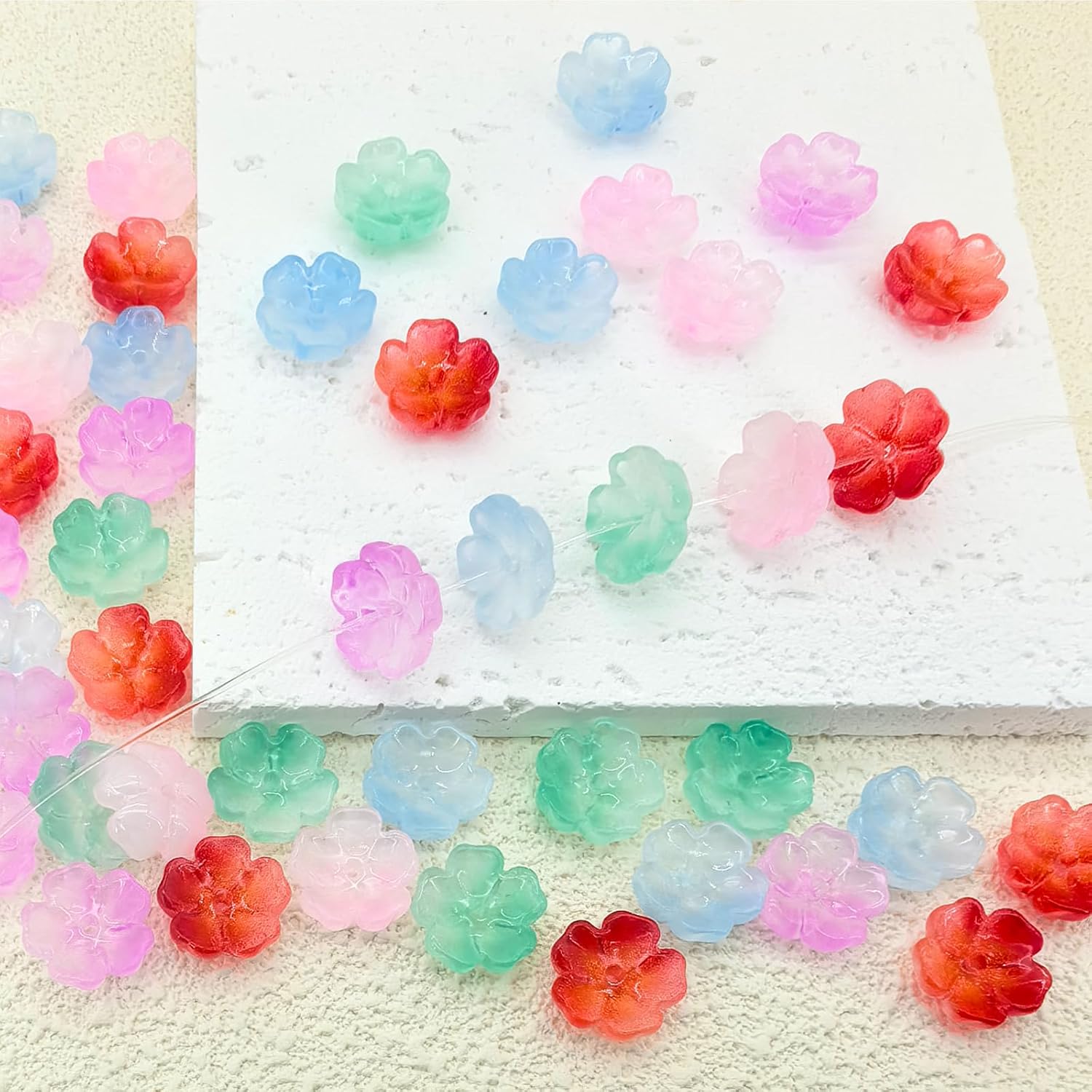 50Pcs Cherry Blossom Flower Beads for Bracelets 13mm Spacer Glass Flower Beads for Jewelry Making Colorful Five Petal Flowers Bead Aesthetic Pretty Floral Bead Necklace Earring Bracelet Making Kit - Image 5