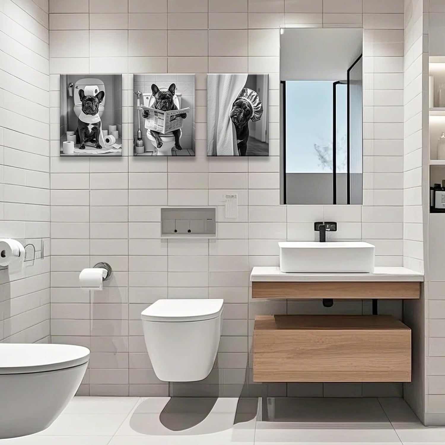 3Pcs Black and White Bathroom Wall Art French Bulldog Reading Newspaper Dog on Toilet Canvas Wall Decor Bathroom Pictures Prints Posters Artwork Toilet Restroom Wall Decorations 12x16 Inch Framed
