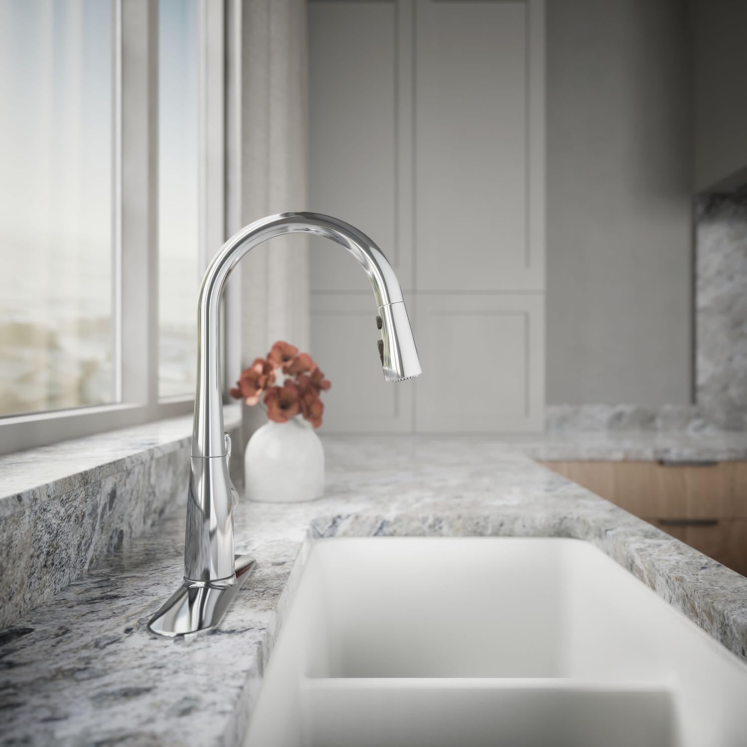 KOHLER 597-CP Simplice Pull Down Kitchen Faucet, 3-Spray Faucet, Kitchen Sink Faucet with Pull Down Sprayer, Polished Chrome