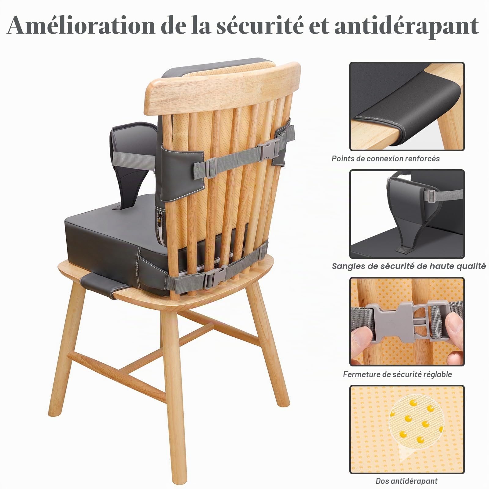 Rehausseur Chaise Enfant PU Lavable Rehausseur Chaise Bebe Antidérapant Rehausseur De Chaise Coussin Rehausseur Chaise Enfant Portable avec Dossier et Sangles de Sécurité Réglables en 3 points