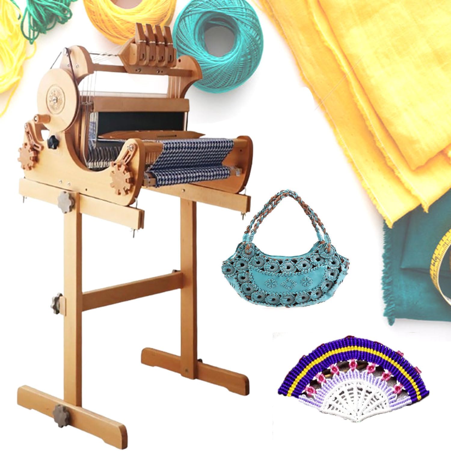 JOSBY Multi-Craft Weaving Loom Set, 30cm Foldable Desktop Four-Harness Hand Loom, with Warping Frame&Separate Warp/Cloth Shafts, Supports Plain Weave, Twill, Jacquard, Wooden Weaving Machine, for DIY