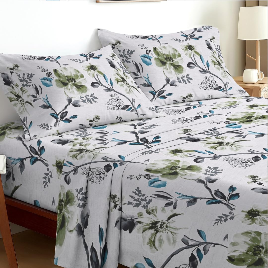 EverSoft Bedding Single 3-Piece Luxury Sheet Set Soft Flower Design Floral Print Bedding Includes 35cm Extra Deep Fitted Sheet, Flat Sheet & 1 Pillowcase Boutique Hotel Quality Fresh Blossom