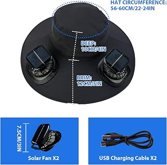 Solar Fan Hat,Hat with Fans Solar Power,Solar Fan Hats for Men,Wide Brim Fishing,Outdoor Hiking Cap with Built-in Solar Fans,Ideal for Camping and Sun Protection(Black)