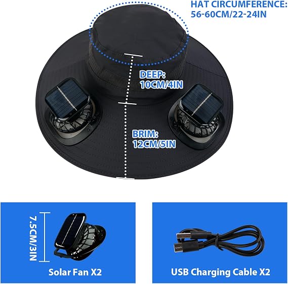 Solar Fan Hat,Hat with Fans Solar Power,Solar Fan Hats for Men,Wide Brim Fishing,Outdoor Hiking Cap with Built-in Solar Fans,Ideal for Camping and Sun Protection(Black)