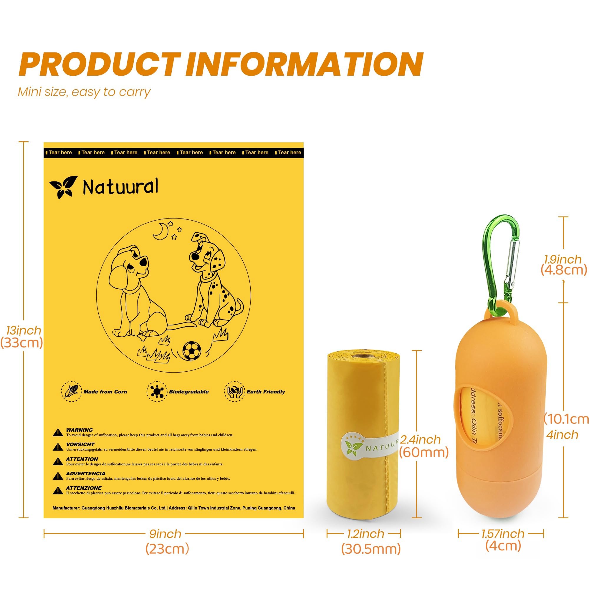 Sacchetti Cane Cacca Biodegradabili, 1050 unità, 70 rotoli con Dispenser Gratuiti, Sacchetti per Escrementi di Cane Realizzati in Amido di Mais, Resistenti e a Prova di Perdite al 100% (Giallo)