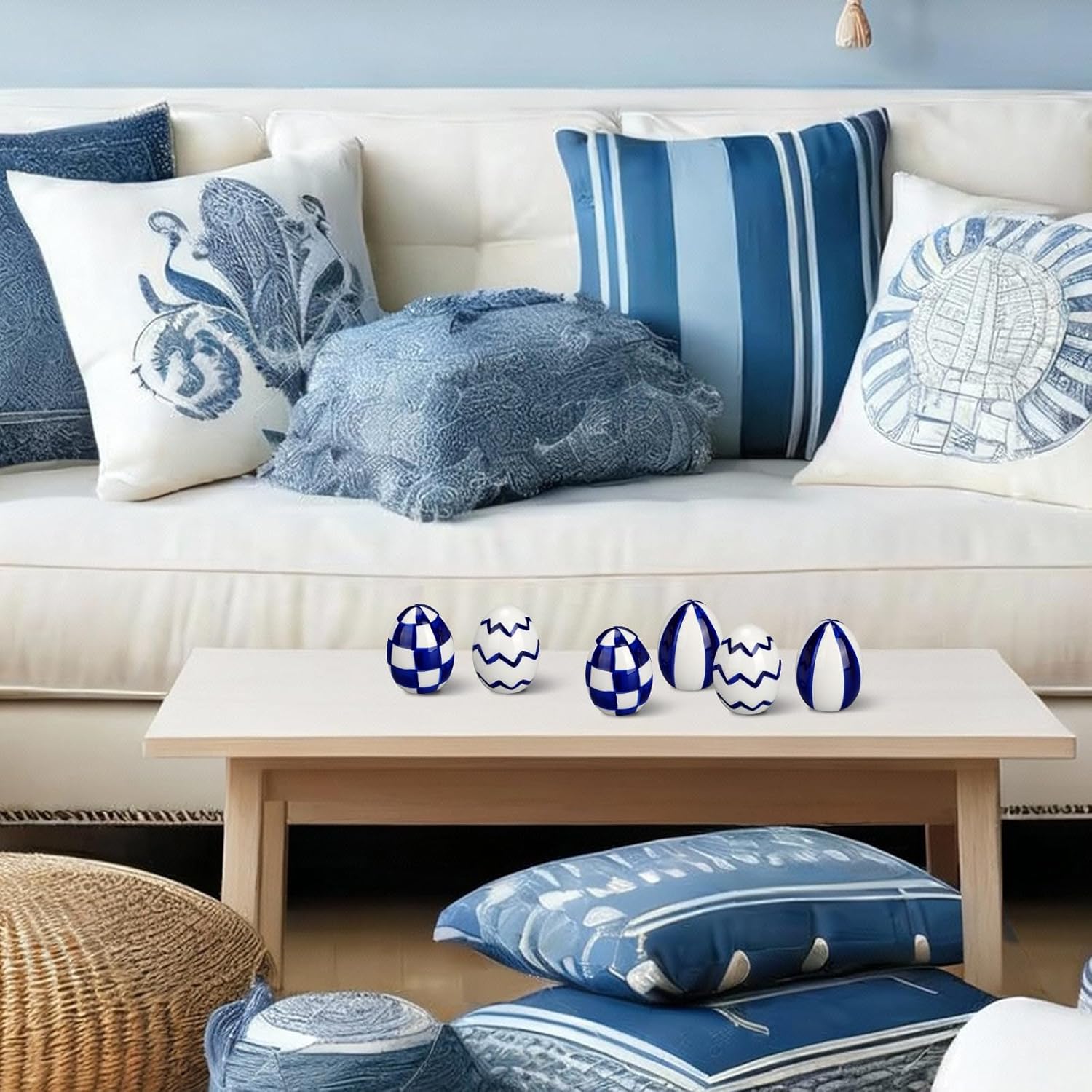 6 Pcs Ceramic Easter Eggs Blue and White Checkered Porcelain Eggs Spring Basket Bowl Filler Rustic Decorative Hanging Ornaments for Easter Home Trays Holiday Party Decorations