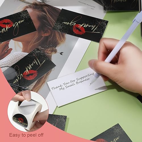 Miniatura 4 de Zonon Juego de 600 tarjetas de agradecimiento y calcomanías de labios rojos, 500 calcomanías redondas de agradecimiento para besos, 100 tarjetas de