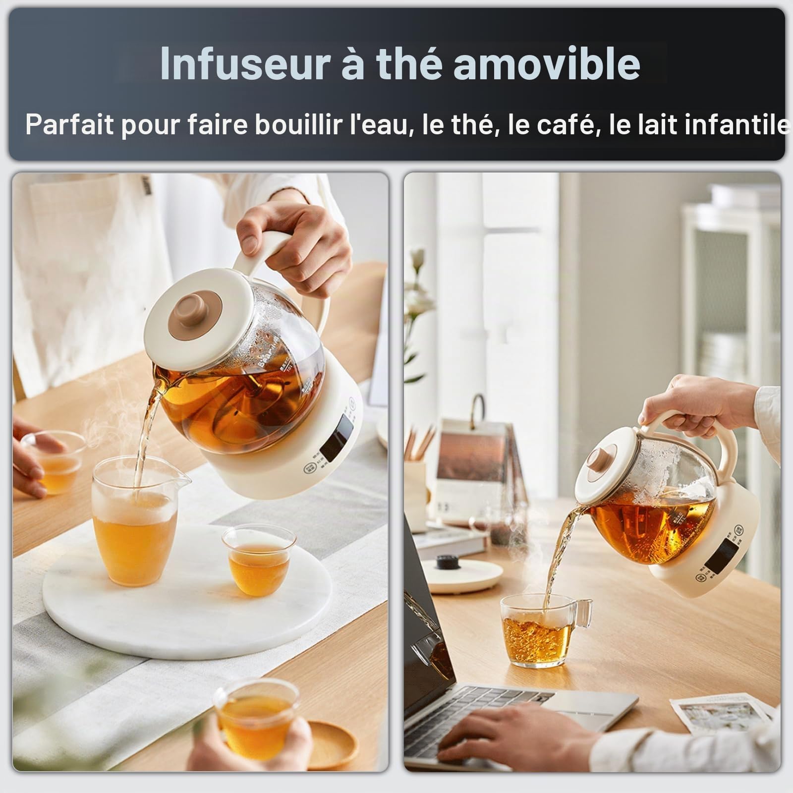 Machines À Thé Chaud, Machine À Thé 600 W, Panneau De Micro-Ordinateur, Corps en Verre Borosilicaté, 11 Niveaux D'isolation Thermique Réglable, 1 L, avec Maintien Au Chaud Pendant 8 Heures