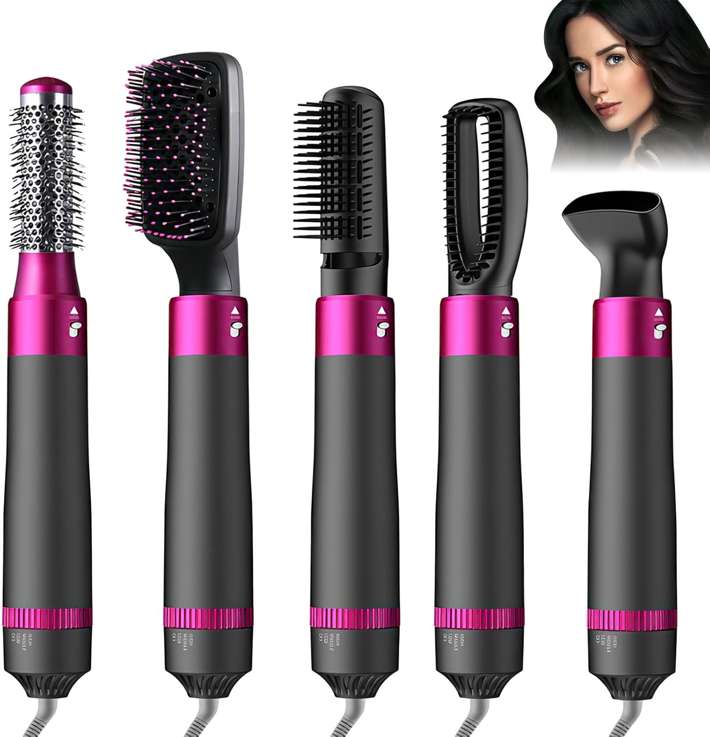 Hair Dryer 5-in-1 Curly Hair Dryer, 1200 W, Air Styler with Dual Negative Ions, 5 Attachments, Drying Brush, Round Brush, Curling Head, Straightening Brush, Concentator for Volume, Smoothness and