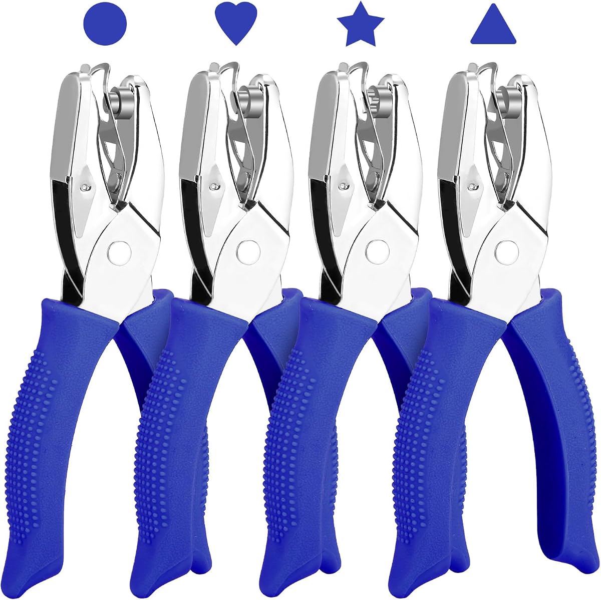 Juego de 4 paquetes de punzones para agujeros en forma de círculo de 1/4", corazón, estrella, punzonadora triangular con agarre suave para encuadernación, álbum de recortes, tarjetas | Herramientas para manualidades de papel con ranura de almacenamiento y pegatinas de refuerzo (azul)
