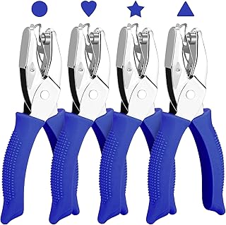 4 Packs Shape Hole Punch Set - 1/4" Circle, Heart, Star, Triangle Puncher with Soft Grip for Binder, Scrapbooking, Cards | Paper Craft Tools with Storage Slot & Reinforcement Stickers (Blue)