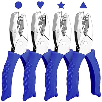 4 Packs Shape Hole Punch Set - 1/4" Circle, Heart, Star, Triangle Puncher with Soft Grip for Binder, Scrapbooking, Cards | Paper Craft Tools with Storage Slot & Reinforcement Stickers Blue