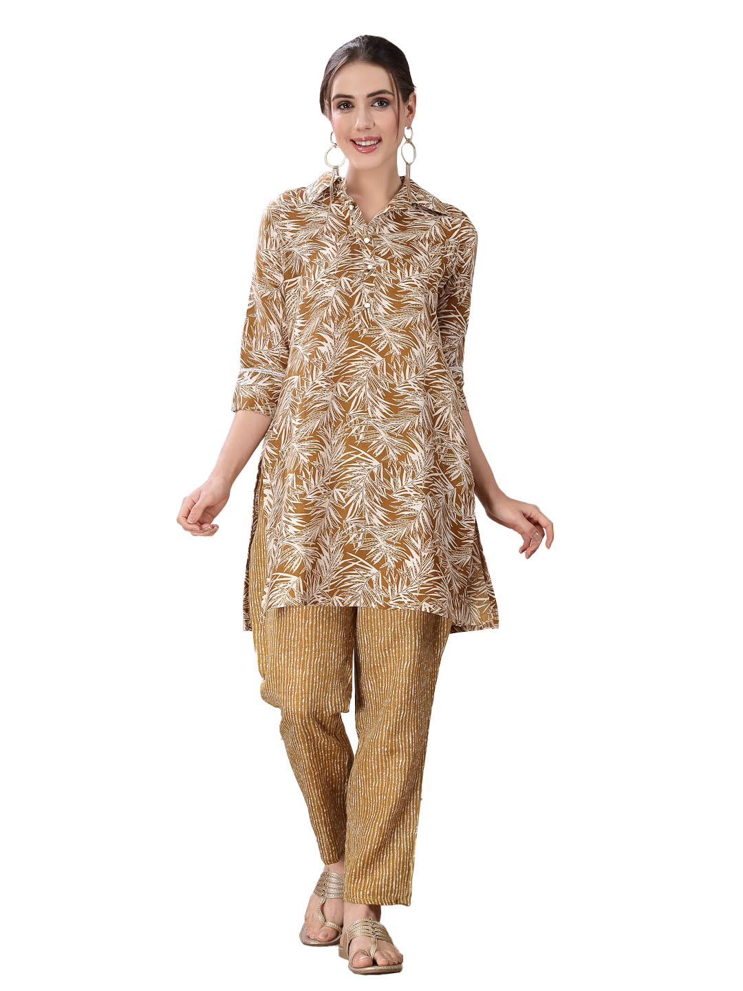 Stylum Women's Printed Cotton Blend Co-Ord Set (Cssamrinmust38_Mustard, M)