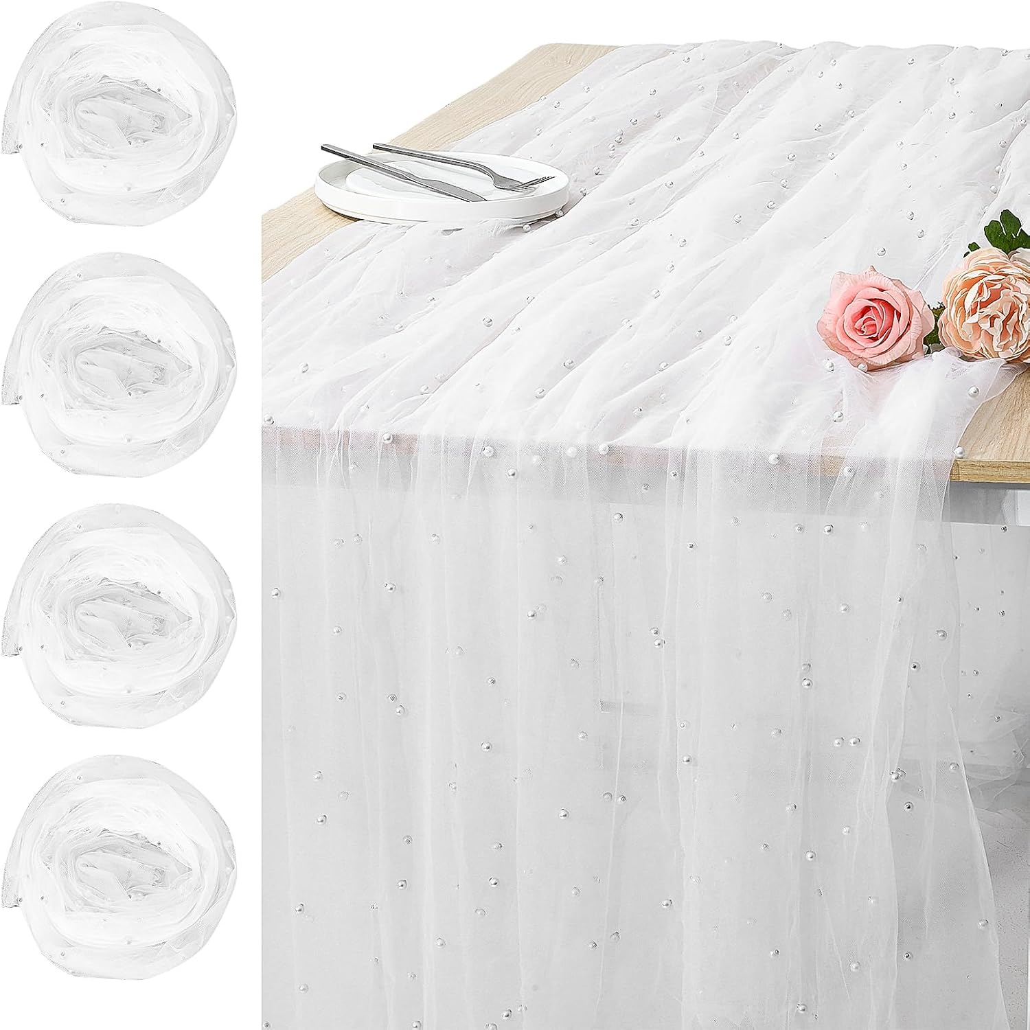 6 Pack Tulle Lace Table Runner - 10ft Pearl Tables Runners White Rustic Sheer Cheese Cloth Romantic Table Runner for Wedding Bridal Baby Shower Birthday Party Garden