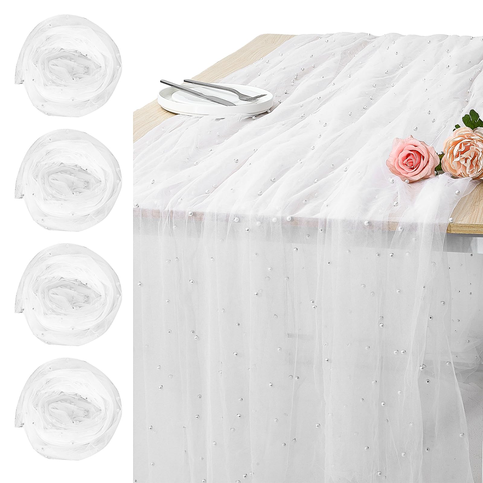 Confezione da 6 runner da tavola in tulle bianco perlato da 3 m, runner da tavola in stile bohémien, rustico, tovaglia per formaggio, romantico, per matrimoni, matrimoni, baby shower, feste di