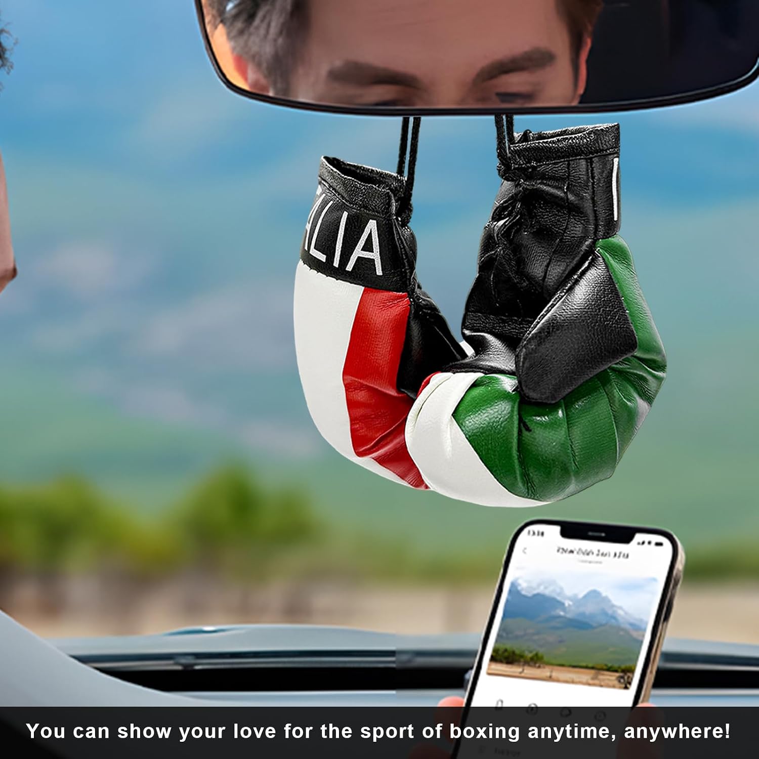 1 Pair Mini Boxing Gloves for Car Mirror, Patriotic Rearview Charm Punching Glove with Country Flag Pattern, Automotive Mirror Pendant Novelty Hanging Ornament for Sports Fan (Italy) image 5