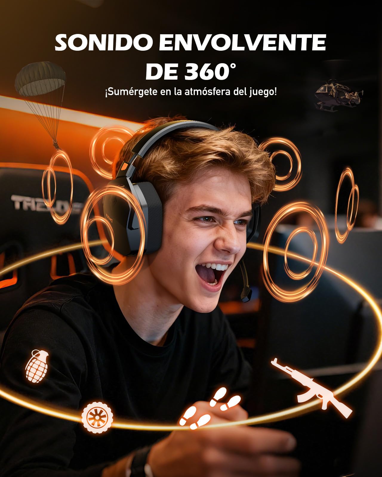 NUBWO G06 Cascos Gaming Inalámbricos con Drivers de 50 mm para PC/Ps5/Ps4/NS/Mobile,Auriculares Gaming Inalámbricos con 2.4 GHz+Bluetooth 5.3 Modo Dual,7.1 Sonido Envolvente,Duración 100Hr+ - Naranja