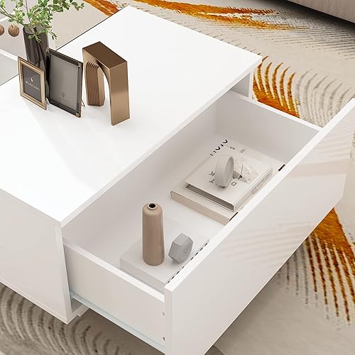 Miniatura 7 de ECACAD Moderna mesa auxiliar LED con cajones y compartimentos abiertos, mesa central rectangular con parte superior de cristal para sala de estar,