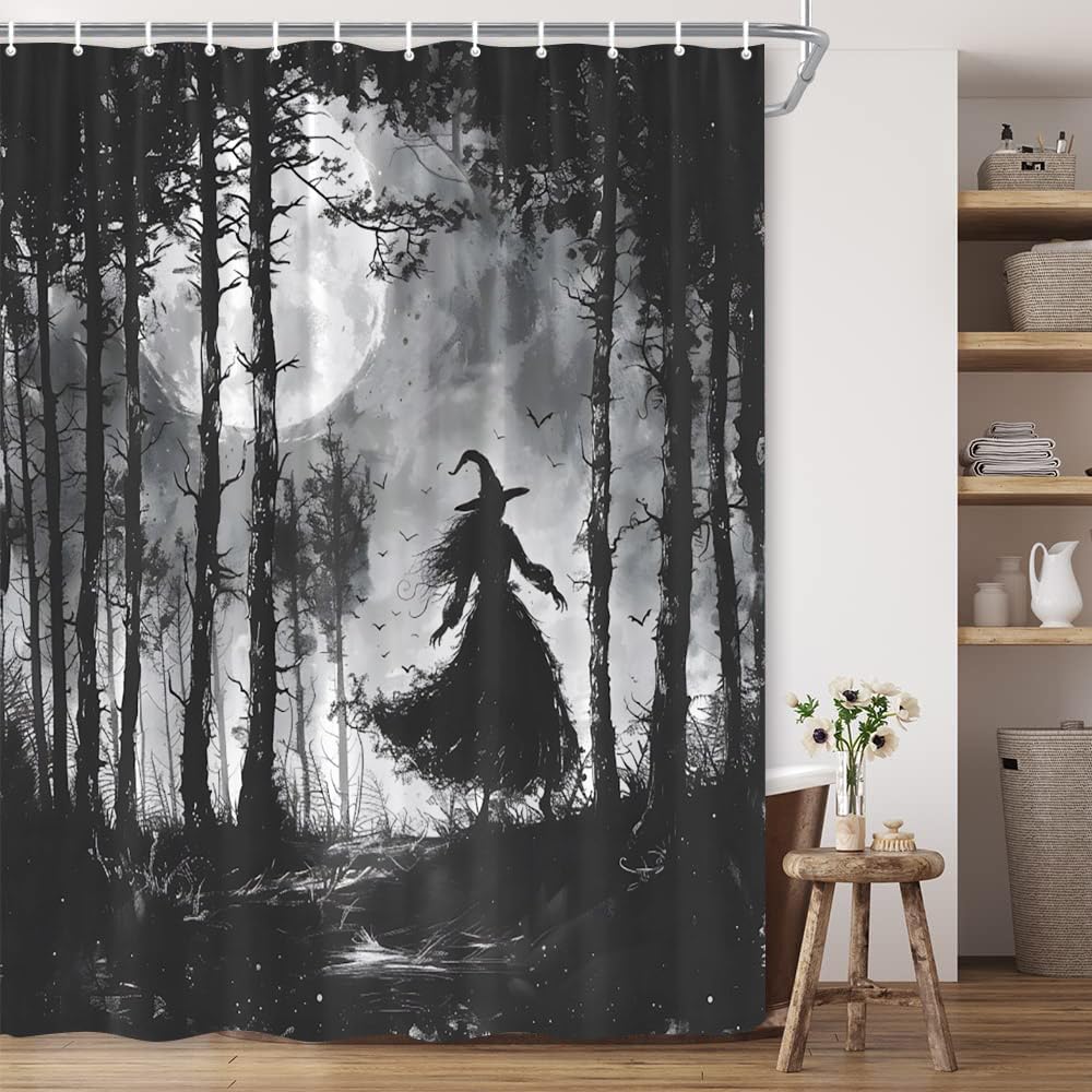 Halloween Forest Shower Curtain Horrible Foggy Birch Woods Full Moon Witch Silhouette Bird Black Gothic Halloween Night Scene Polyester Fabric Bathroom Decor 108×70 Inch with Hook
