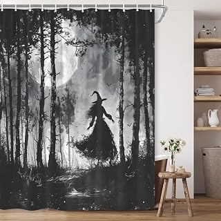 Halloween Forest Shower Curtain Horrible Foggy Birch Woods Full Moon Witch Silhouette Bird Black Gothic Halloween Night Scene Polyester Fabric Bathroom Decor 70×70 Inch with Hook