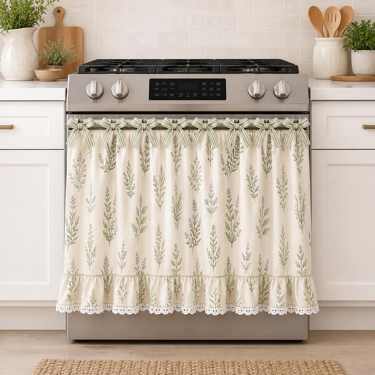 Oven Skirt Curtain for Farmhouse Kitchen Decor, Stove Cover Skirt with Lace Ruffle Trim & 8 Ribbon Ties, Rustic Decorative Oven Door Curtain for Cottage Kitchen, Dishwasher & Range (Velvet Sage)