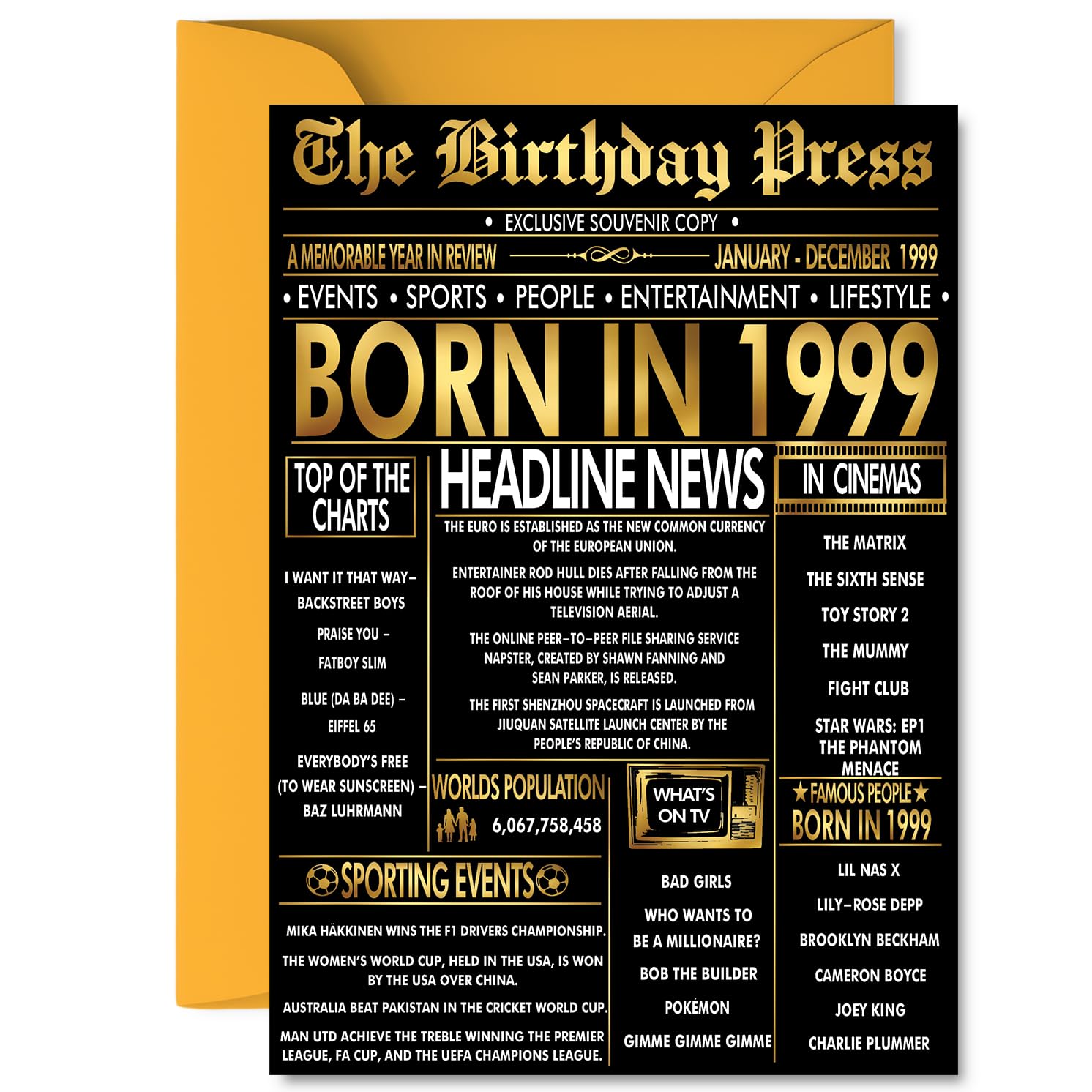 Gold 27th Birthday Card for Men Women - Black & Golden Newspaper Born in 1999 - Happy 27 Birthday Cards for Friend Cousin Sister Niece Son Auntie, A5 Bday Greeting Cards