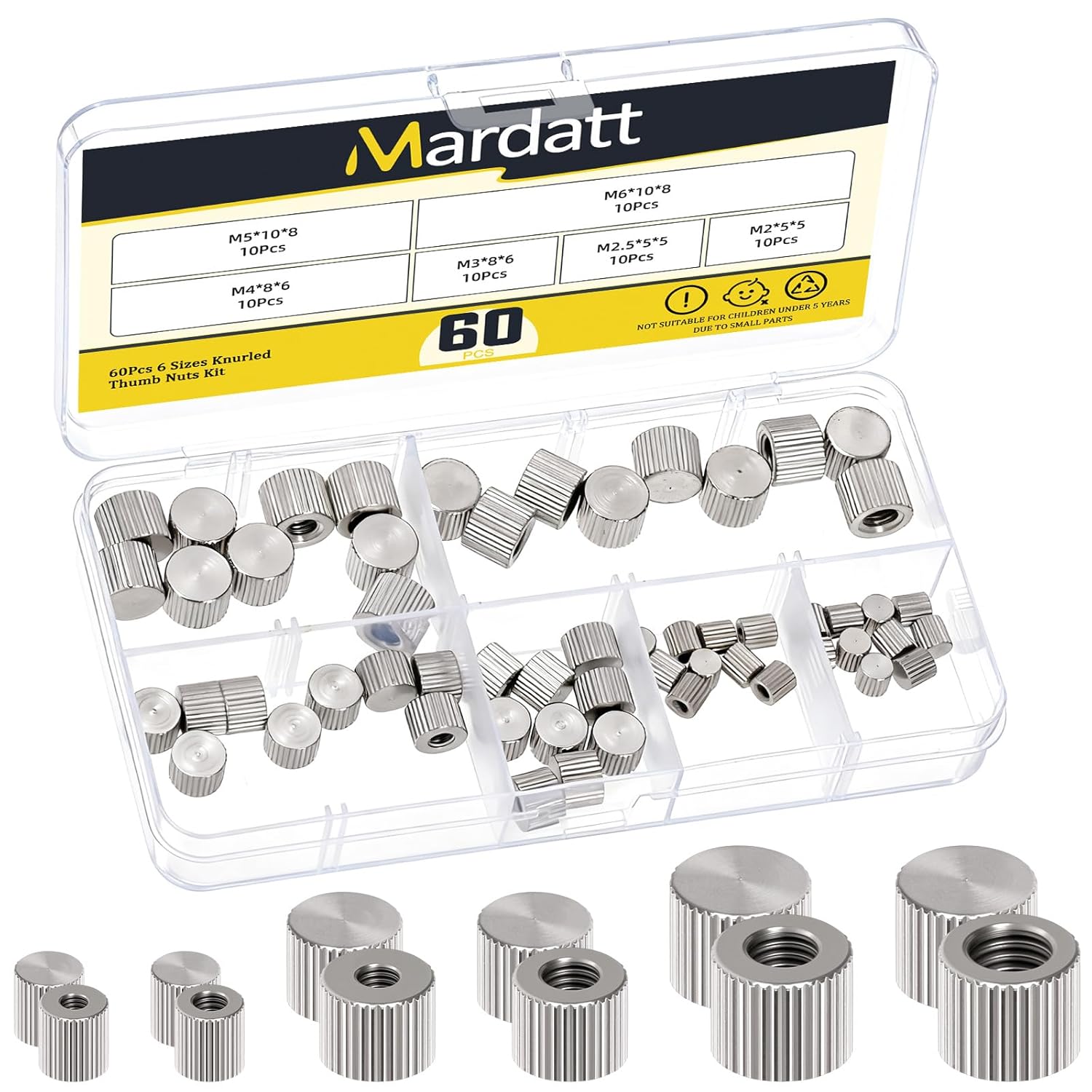 60PCS M2 M2.5 M3 M4 M5 M6 Knurled Thumb Nuts, Sliver Blind Hole Round Female Thread Type Flat Head Grooved Knurled Wing Nut Lock Adjusting Nuts for Furniture Fastening 3D Printer