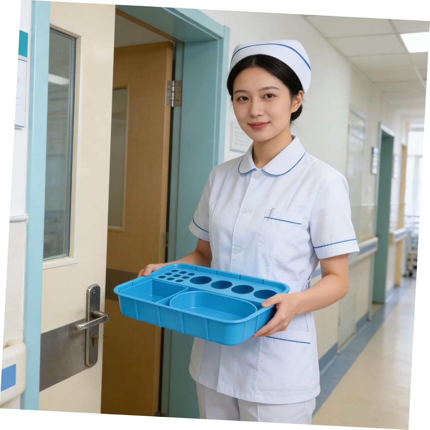 Medication Storage Organizer Tray Blue with Integrated Segmented Compartments Plastic Pill Dispenser Plate Featuring Space Saving and Easy Cleaning for Hospital Cart for Stations