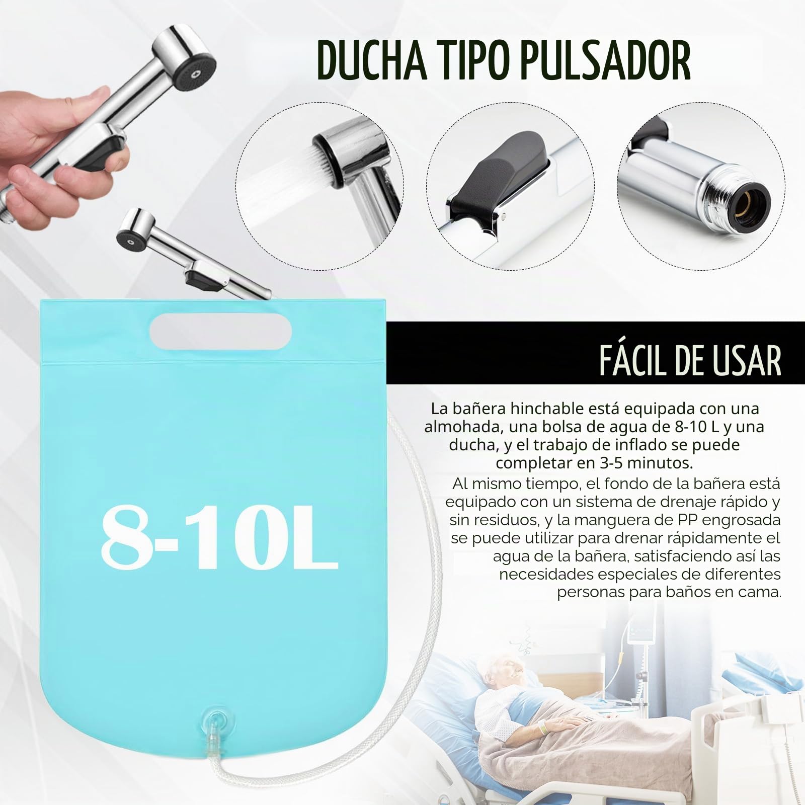 Bañera Inflable Bañera Ducha con Bolsa de Agua y Bomba de Aire para Discapacitados, Herramientas de Baño en la Cama Herramientas para Mesita de Noche Bañera Sistema de Ducha Portátil en Cama