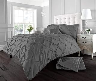 Smart Living Duvet Quilt Cover Pinch Pleat Reversible Diamond Bedding Set With Matching Pillowcase Charcoal (Double)