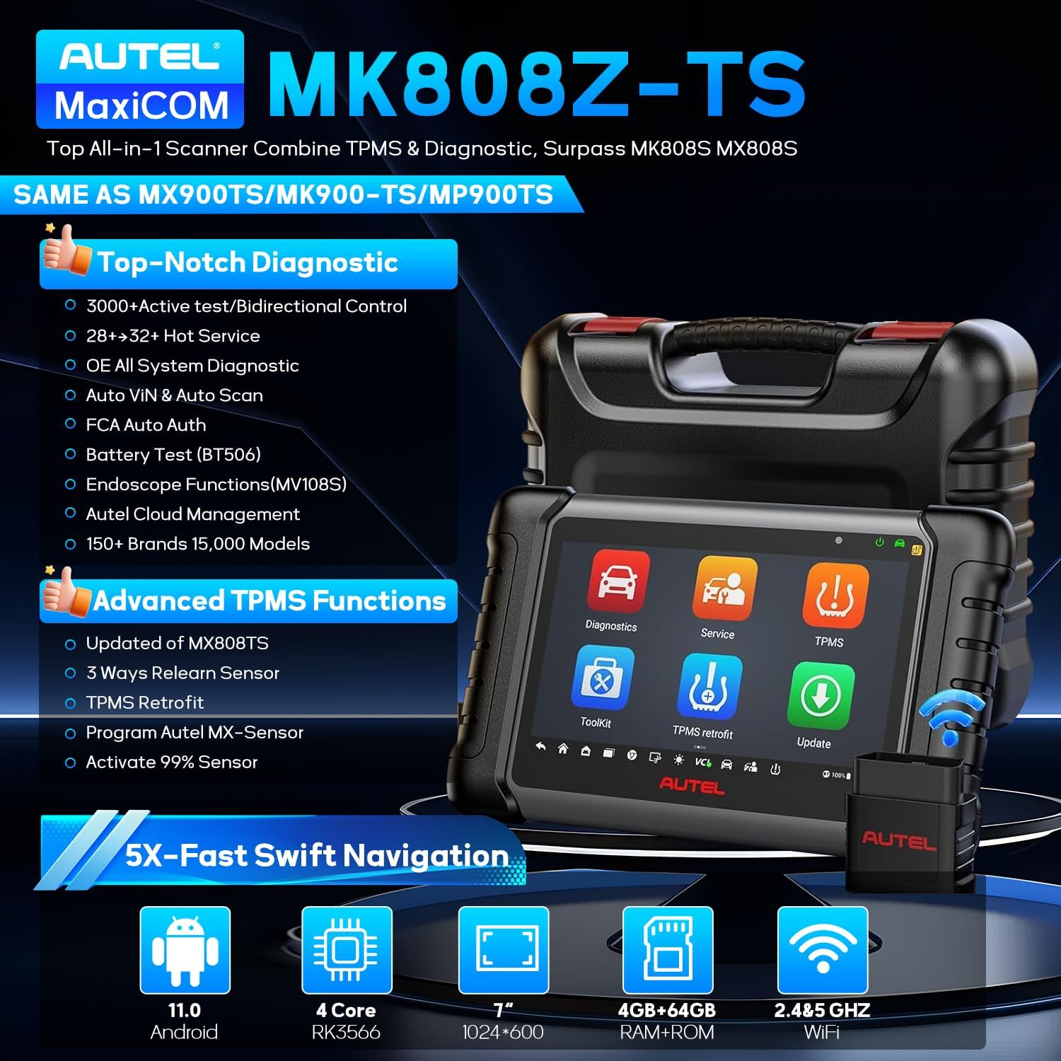 Autel MaxiCOM MK808Z-TS Scanner, TPMS Programming Tool with All System Diagnostic Scan, Same as MX808S-TS MK808S-TS, MX-Sensor Programmer, 28+ Services, 3000+ Active Tests, Android 11, FCA AutoAuth