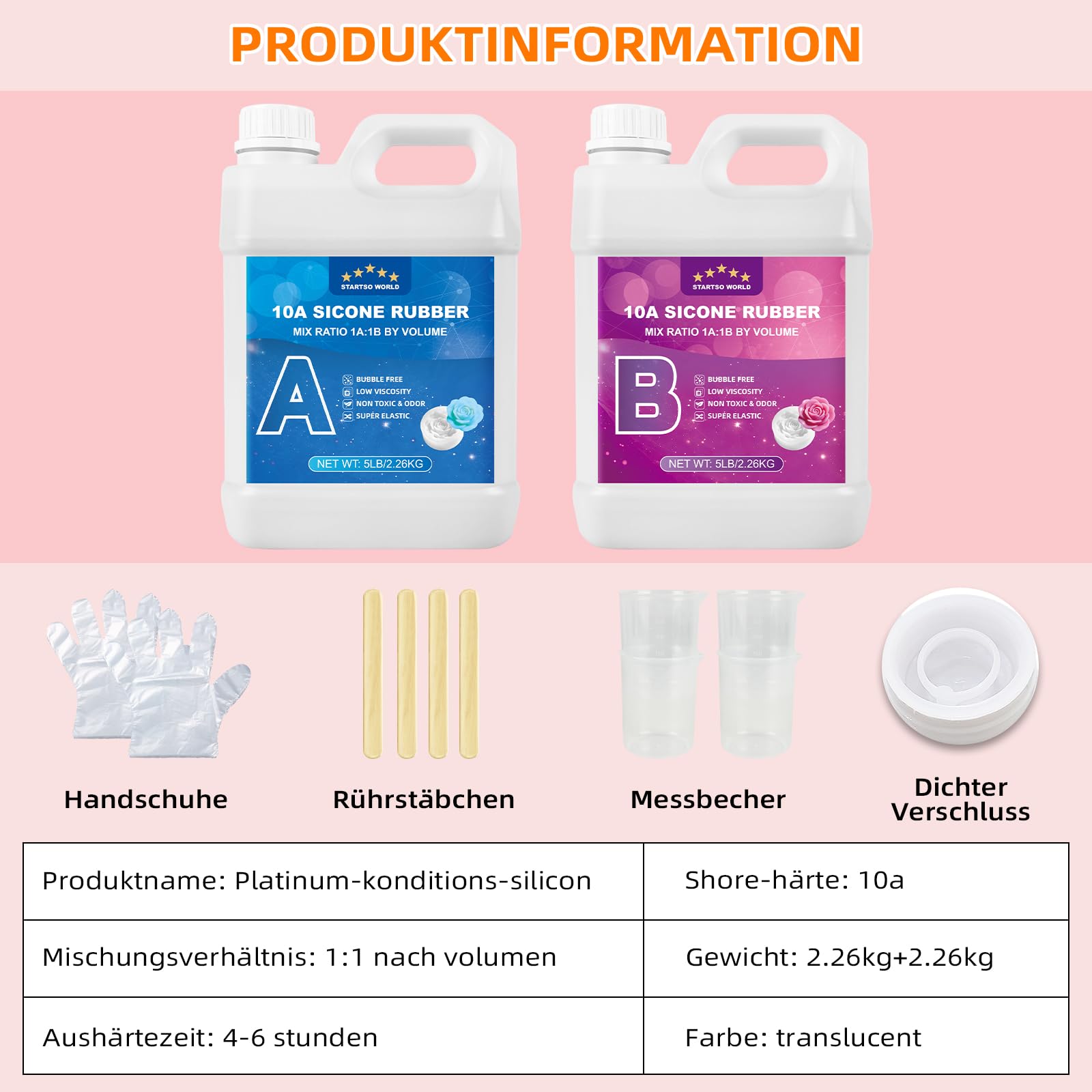 STARTSO WORLD Abformsilikon, 10A Flüssiges Silikon/Gießsilikon, Silikonkautschuk für den Formenbau, ideal für DIY Harzformen, Kerzenform, Seifenform, Gießen, Basteln (Transluzent,4.52KG)