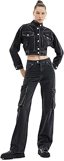 KOTON womens Crop Jean Stand Up Neck Button Flap Pockets Jacket