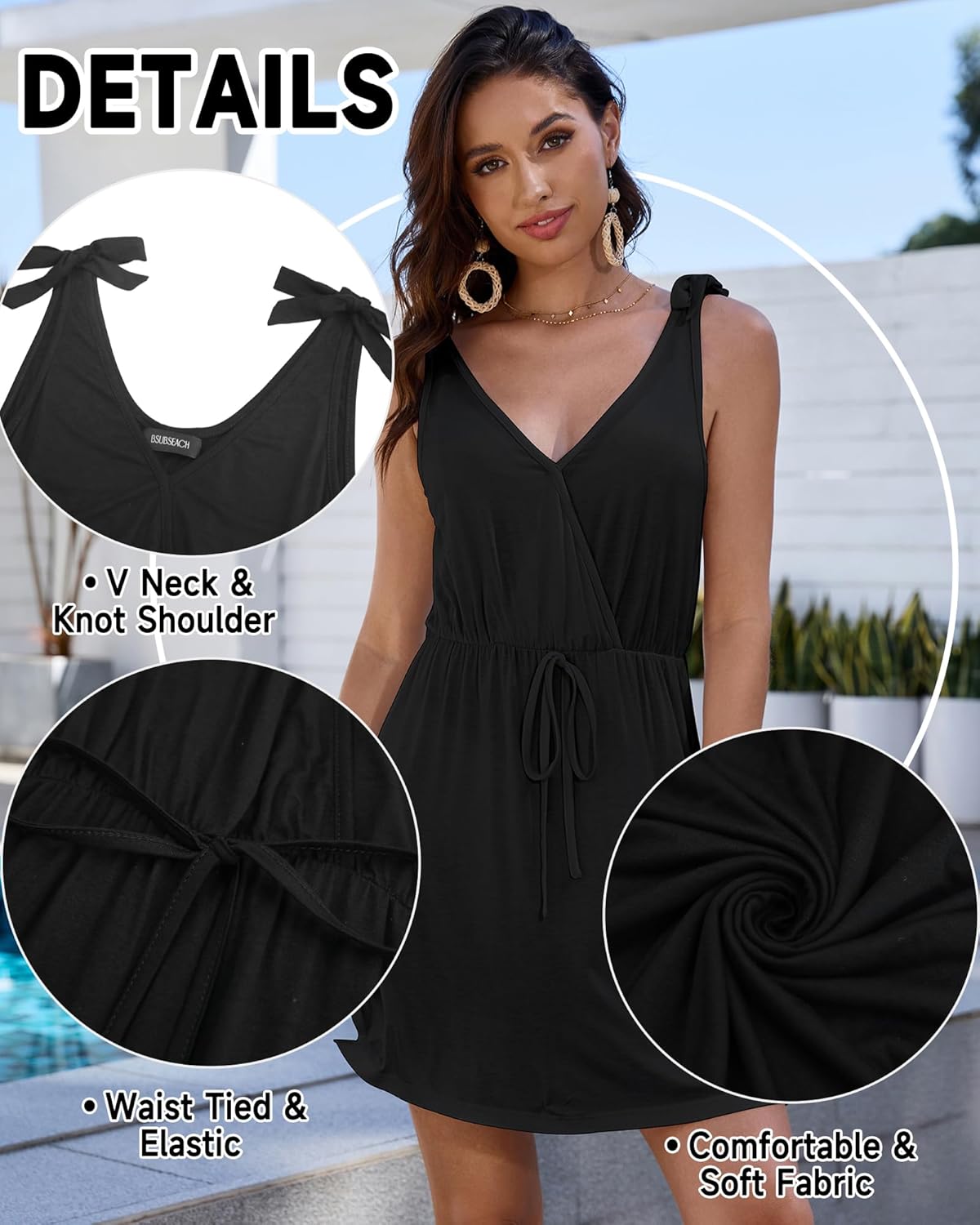Bsubseach Beach Cover Ups Dress - Women V Neck Swimsuit Coverup Elastic Waist Summer Coverups for Swimwear Mini Dresses - Image 5