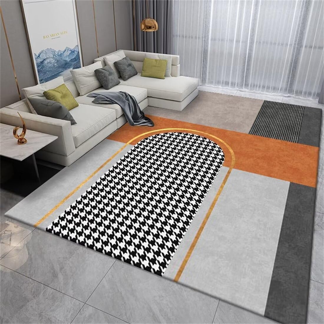 Tapis de canapé gris orange style carreaux de ciment lavable