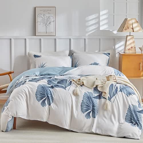 Lekesky Queen Duvet Cover Set, Tropical Blue Palm Pattern Duvet