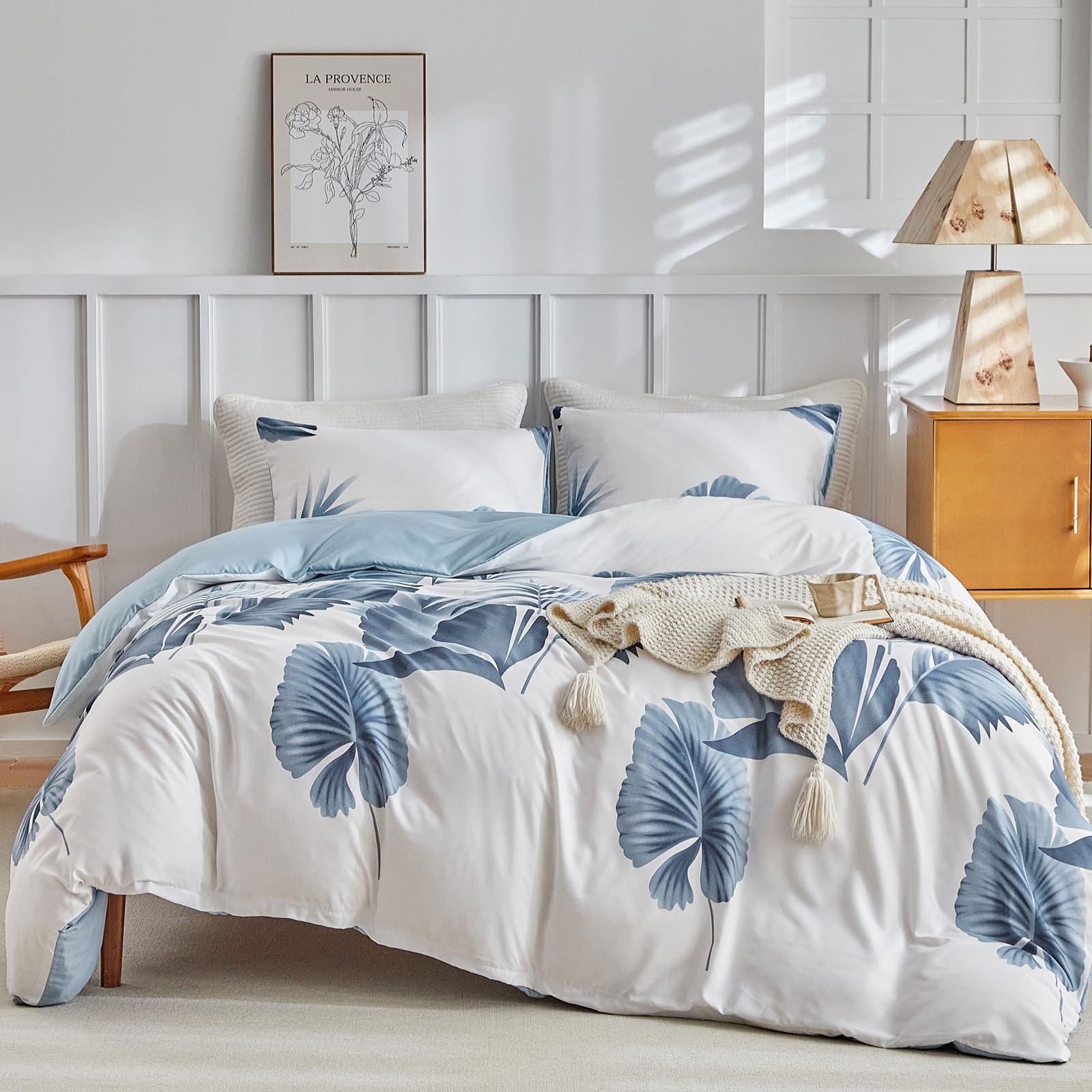 Lekesky Double Duvet Cover Set Blue Bedding Set, Watercolor Tropical Leaf Printed Blue Double Duvet Cover (1x Duvet Cover - Image 3