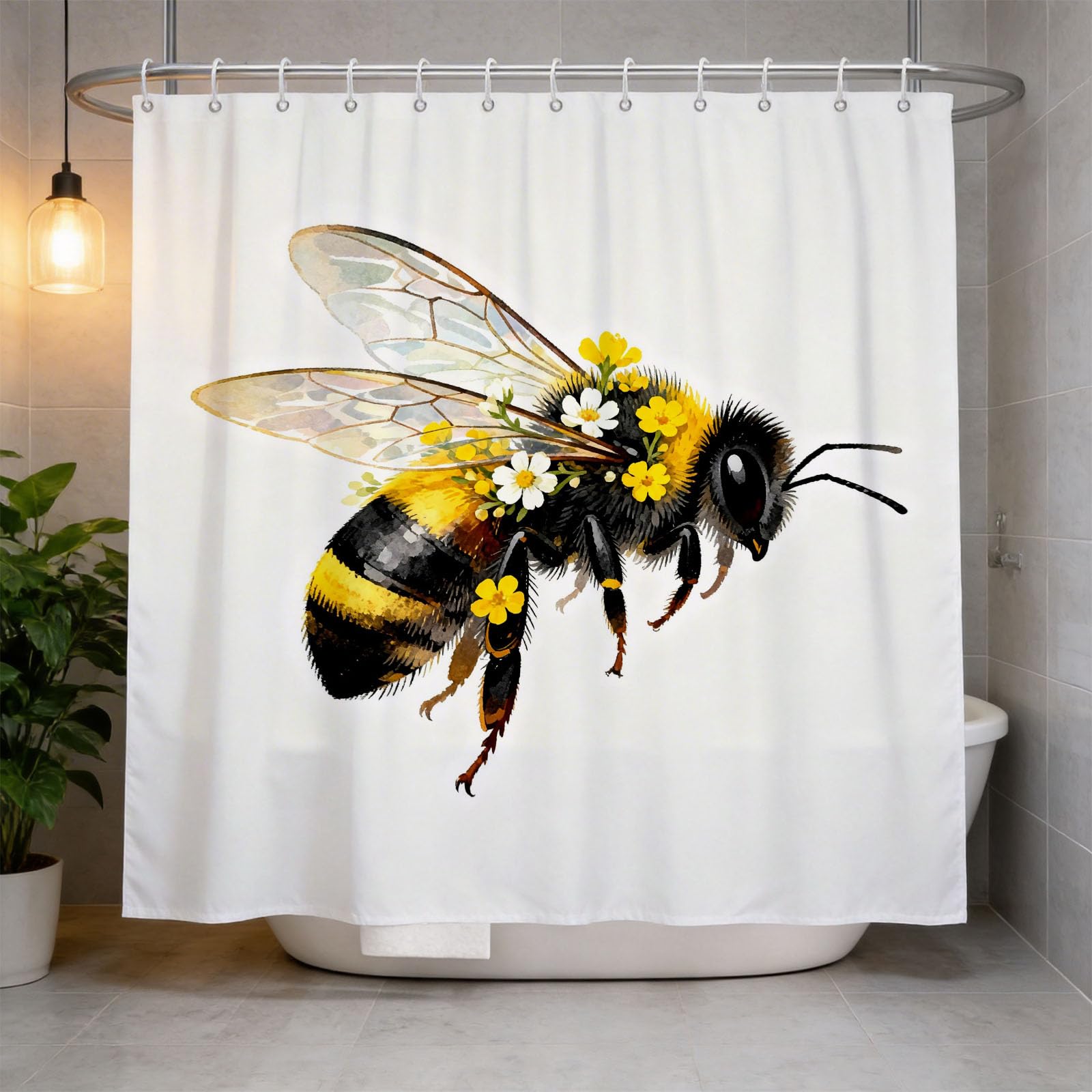 Hongduo White 3D Flower Bee Shower Curtain For Stalls Bathtubs Lovely Bathroom Decor Shower Curtain Set Polyester Fabric Waterproof 180X200cm/71X79 Inch With Hooks