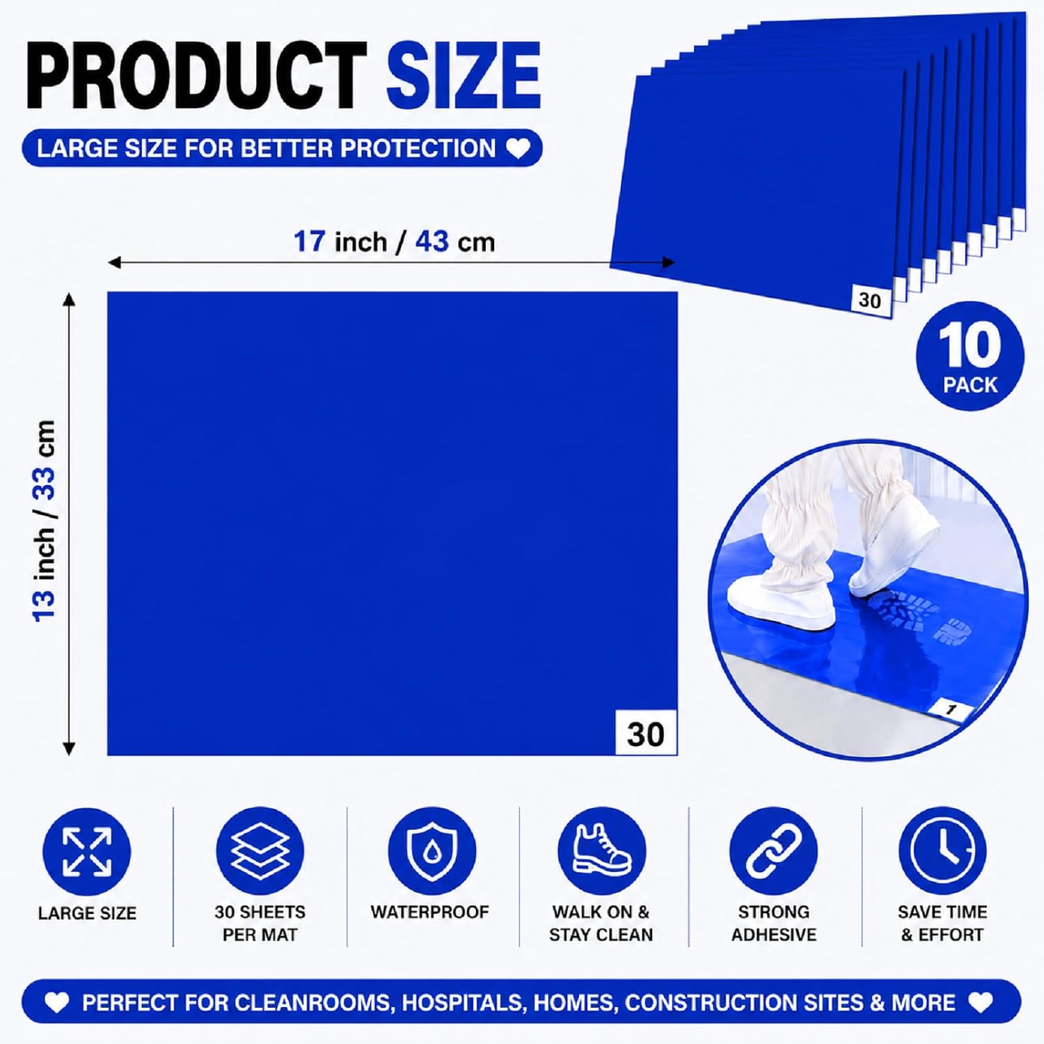 ABuff 300 Sheets Sticky Mat for Cleanrooms 13" x 17" Adhesive Mats Construction Tacky Floor Mats for Laboratory Hospital Construction Pet, Removes Dirt Dust Debris Sand Hair, 10 Pads of 30 Sheets