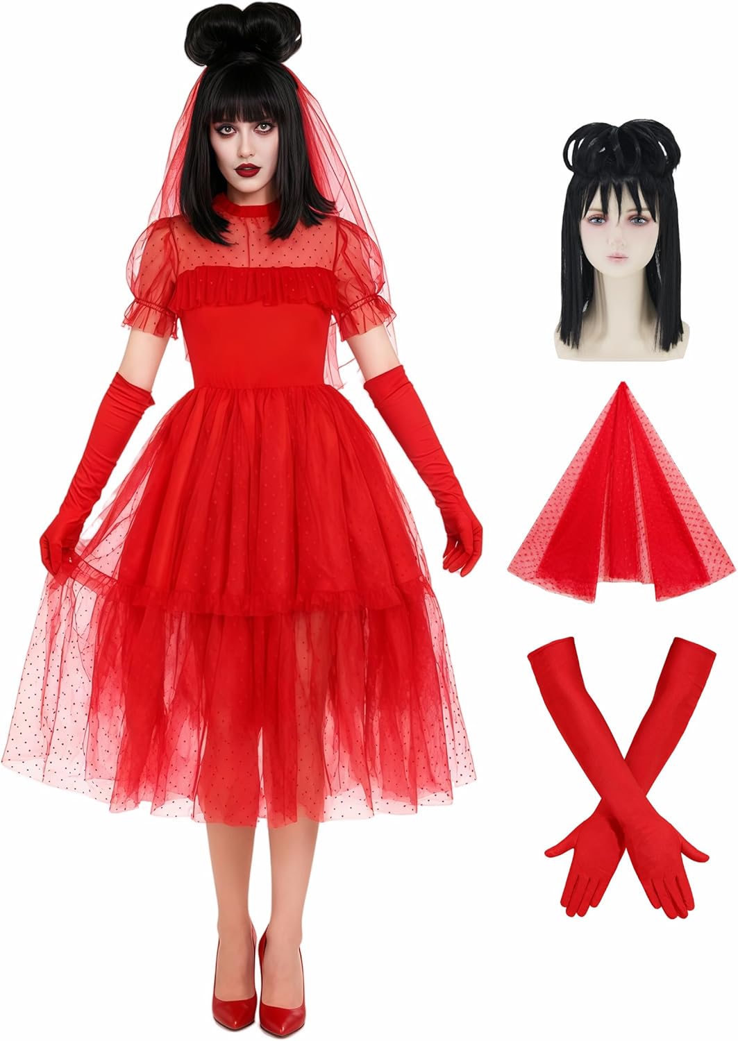 Womens Gothic Wedding Dress Adult Halloween Costumes Red Wedding Dress Bride Costume Cosplay Outfit with Headpiece