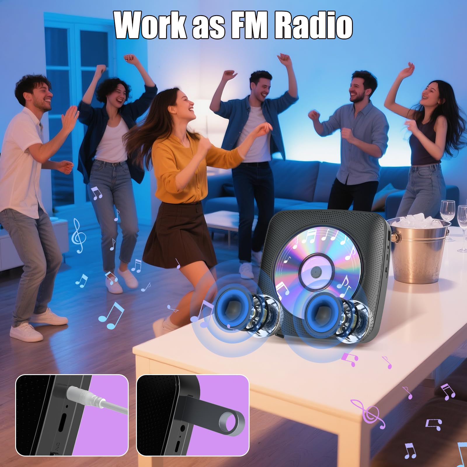 Lettore CD Portatile Bluetooth Ricaricabile 1800mAh Doppi Altoparlanti FM Radio USB AUX Nero