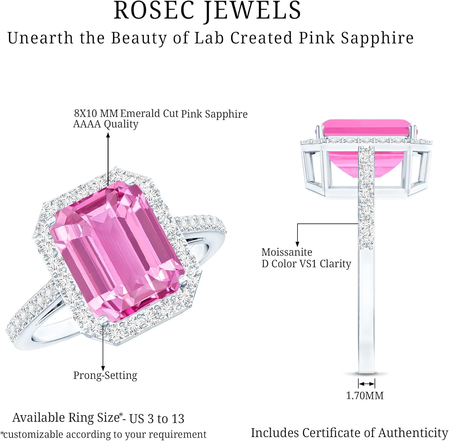 Certified 2 Carat Lab Grown Pink Sapphire Emerald Cut Engagement Ring in Silver, Aaaa Quality - Gift For Special Occasions