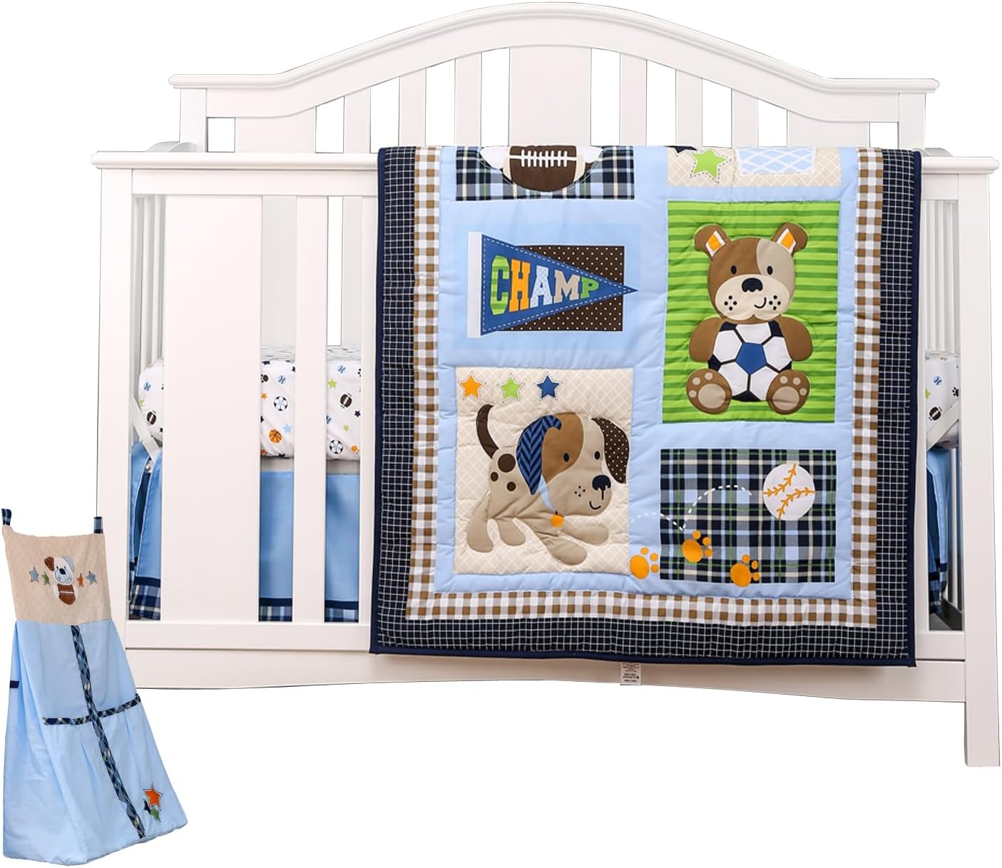 4 PCs Blue Sports Puppy Theme Nursery Crib Bedding Set Quilt +Fitted Sheet + Skirt +Diaper Organizer Baby Boy Baseball Ruby Soccer Sports Themed Cot Bedding Set, Blue , Brown, 28 X 52