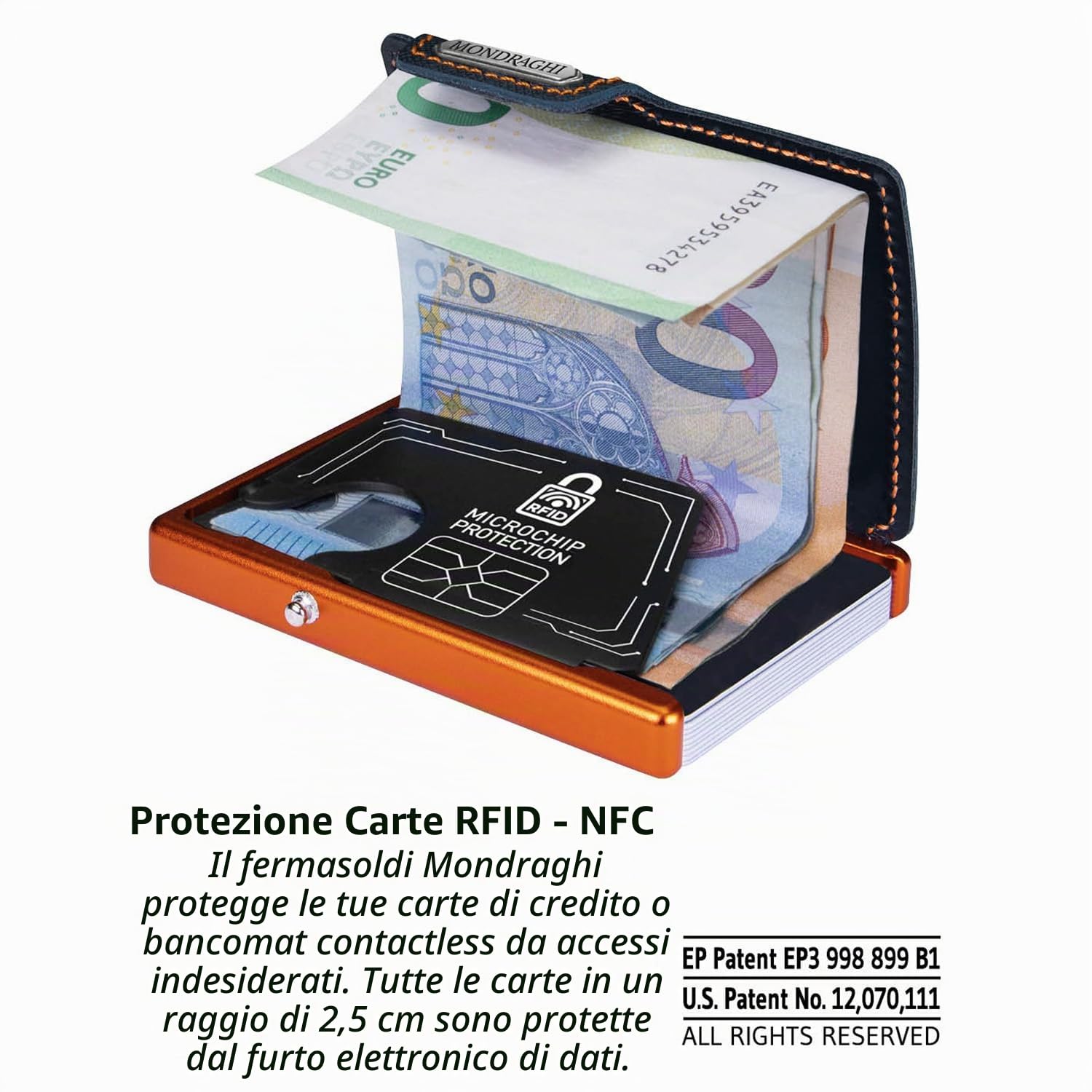 MONDRAGHI Saffiano Plus Blue - Mini Portafoglio Donna Slim con Protezione RFID | Pelle Saffiano Antigraffio | Portamonete Integrato Elegante Blu