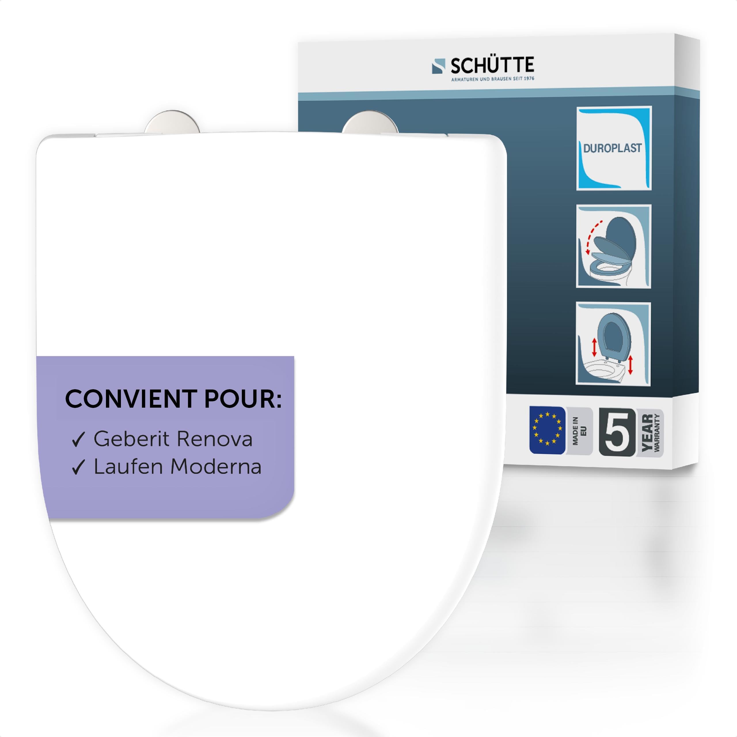 SCHÜTTE Abattant WC compatible avec Geberit Renova, Laufen Moderna, avec système d'abaissement automatique, fabriqué en UE, couvercle de toilette amovible en Duroplast incassable, couvercle de