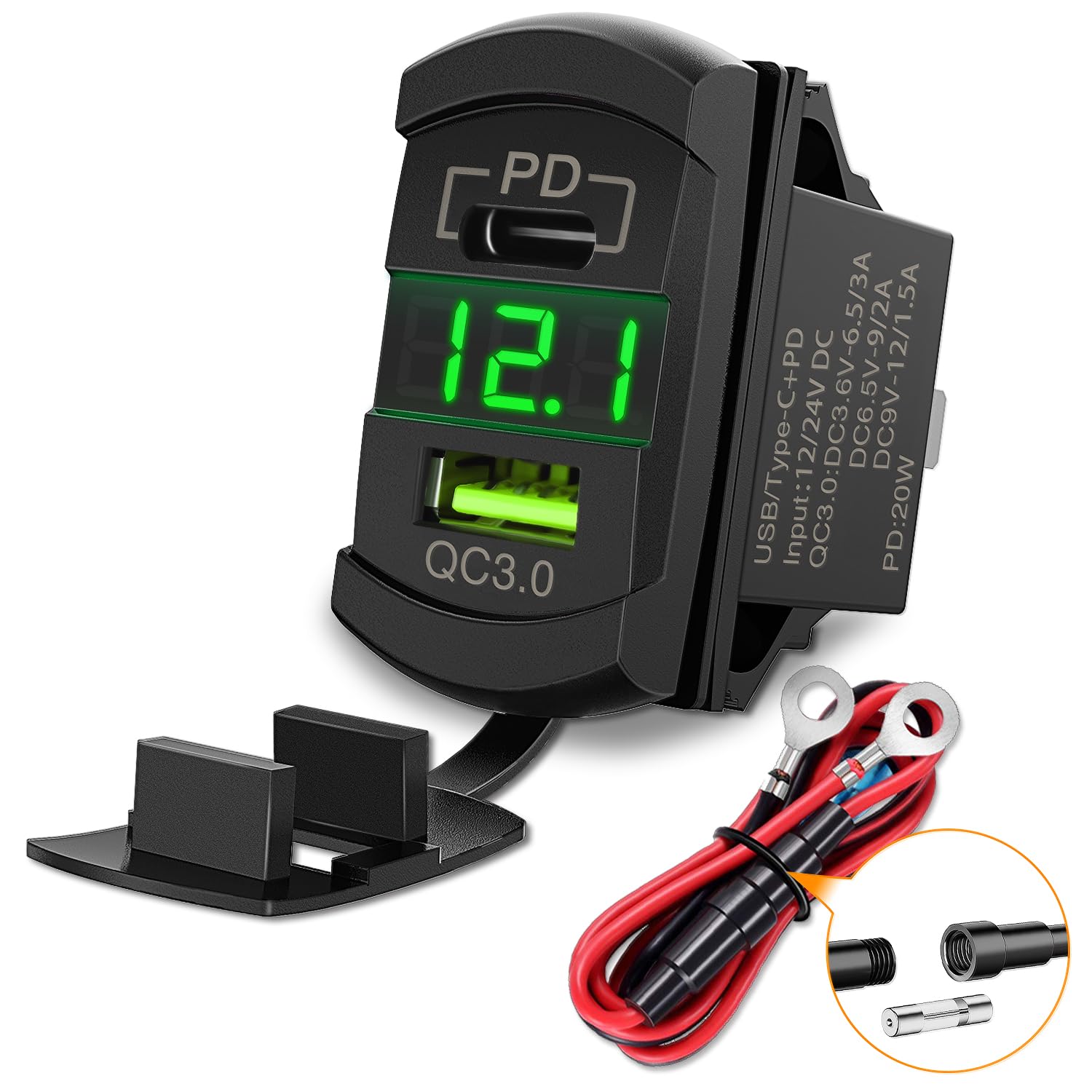 Nilight Rocker Switch Style PD Type C and USB Outlet LED Voltmeter