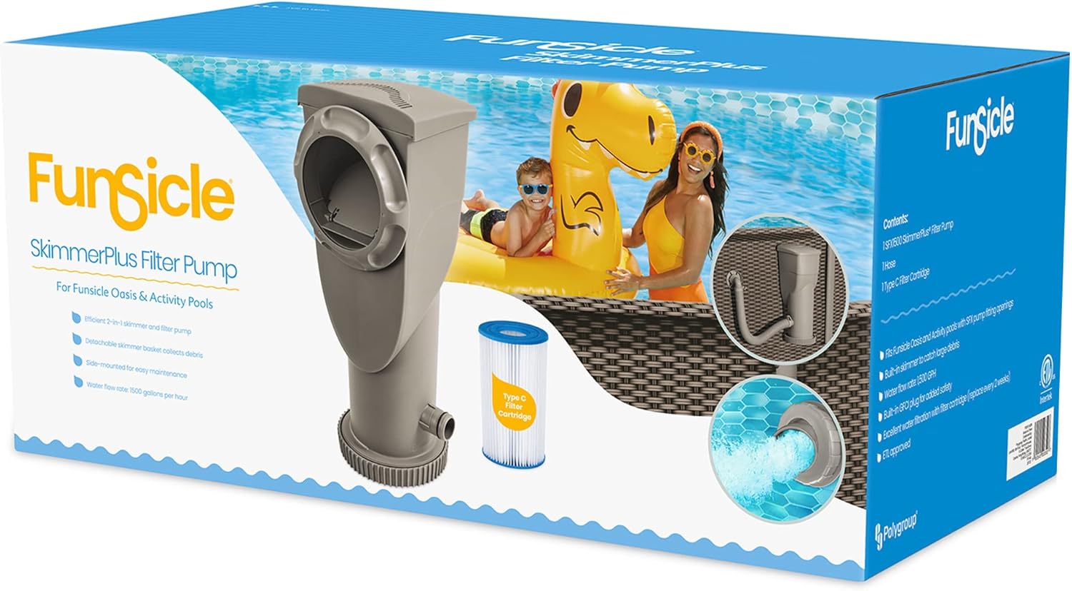 Summer Waves P53FX150N SkimmerPlus 1500 Gallon Framed Swimming Pool Water Cleaning Filter Pump System for Above Ground Pools, Gray