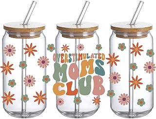 UV DTF Glass Cup Wrap Transfer - Overstimulated Moms Club uvdtf retro Decal Waterproof Decal for 16oz Glass Cups, Ceramic Mug DIY Crafts, Gifts for Mom - 3PCS