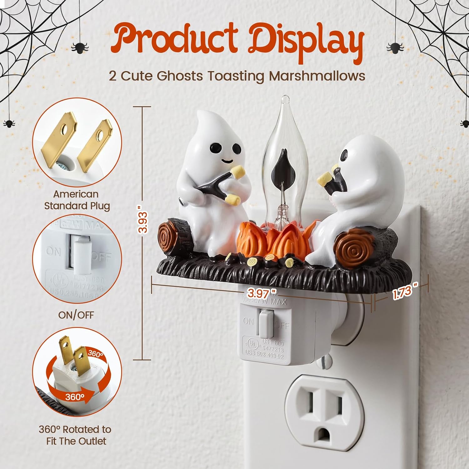 Halloween Ghost Camp-fire Night Light, Plug-In Flickering Flame Nightlight | Halloween Indoor Decorations, Spooky Ghost Figurine Lamp with Warm & Soft Glow for Bedrooms, Hallways, and Seasonal Decor